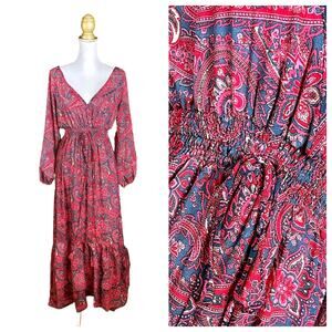 Chaudry Boho Paisley Faux Wrap Ruffle Hem Maxi Dress - S